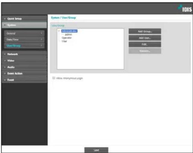 IDIS System / User/Group User/Group Account Admin Operator User Add Group... Add User... Edit... Save Allow Anonymous Origin