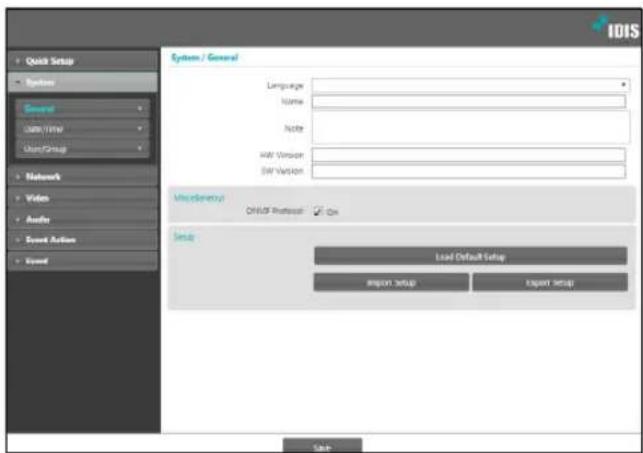 IDIS Quick Setup System General Data URL User/Group Network Video Audio Event Action Event System / General Language Name: Note: HW Version DW Version Microarray ON/OF Professional On Setup Load Default Setup Import setup Export Setup Start