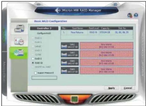 Host JMicroon HW RAID Manager Basic RAID Configuration Controller 2 No Acid/Name Acid Level Capacity Disk No. 1 New Volume RVD 10 3725.94 GB CQ, ES, Q4, CS RD3 ACU: 67 GB New Volume ACU: 67 GB RD3 ACU: 67 GB New Volume ACU: 67 GB RD3 ACU: 67 GB New Volume ACU: 67 GB Apply Cancel