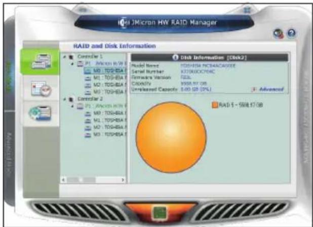 Intel JMicros HW RAID Manager RAID and Disk Information Control 1 P1: JMicros HW M0: TDS-85A M1: TDS-85A M2: TDS-85A M3: TDS-85A Controller 2 P1: JMicros HW M0: TDS-85A M1: TDS-85A M2: TDS-85A M3: TDS-85A Disk Information (Disk2) Model Name: TDS-85A NCBAACACGEE Serial Number: KTDI/NCXCTNC Hardware Version: F2L Capacity: $568.97 GB Unreleased Capacity: 5.00 GB (20%) Advanced RAD $ - 568.97 GB