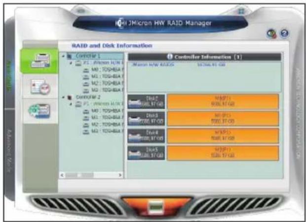 IQI JMicron HW RAID Manager RAID and Disk Information Controller 1 PCI - JMicron HW M0: TOSHBA M1: TOSHBA M2: TOSHBA M3: TOSHBA Controller 2 PCI - JMicron HW M0: TOSHBA M1: TOSHBA M2: TOSHBA Controller Information (1) Maser HW RAID 10.00.97 GB Drive1 900.97 GB Drive2 900.97 GB Drive3 900.97 GB Drive4 900.97 GB Drive5 900.97 GB MSP1 900.97 GB MSP2 900.97 GB MSP3 900.97 GB MSP4 900.97 GB