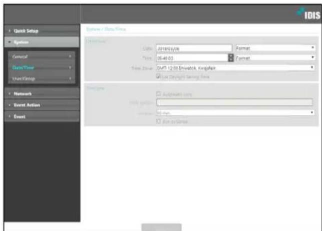 Quick Setup System General Start Time User/Group Network Event Action Event System / Data/Time Date: 2018/03/06 Format: 05.40.03 Format: SMT-12:00 Emipstick, Kejgplace Lock Copyright Saving Area AutoCAD Lens Init setting: Settings: Run to Genre IDIS
