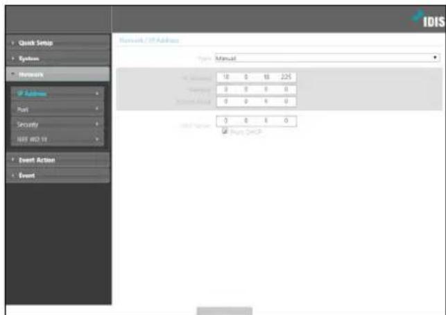 Quick Setup System Network Action Port Security IEIS WD-19 Event Action Event Network / IP Address Type Manual 10 0 10 225 Setting 0 0 0 0 Event Action 0 0 0 0 ID: Status 7 0 8 0 □ Start OK