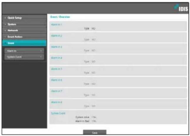Quick Setup System Network Event Action Event Alarm In System Event Event / Overview Alarm In 1 Type: NO Alarm In 2 Type: NO Alarm In 3 Type: NO Alarm In 4 Type: SOI Alarm In 5 Type: NO Alarm In 6 Type: NO Alarm In 7 Type: SOI Alarm In 8 Type: SOI System Event System Action 1 No. Alarm In Bad 1 No. Save