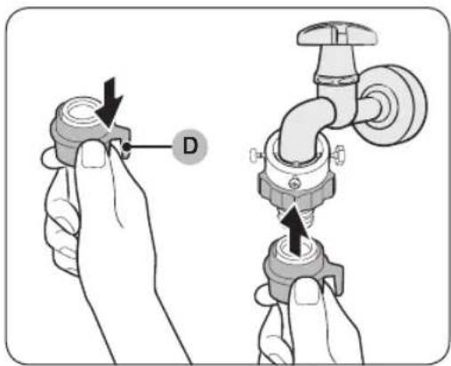 Diagram showing two hands adjusting a valve with labeled component D, illustrating the process of adjustment or repair.