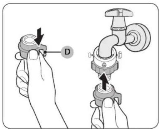 Diagram showing two hands holding a valve with labeled component D, illustrating the process of adjusting or adjusting a valve.