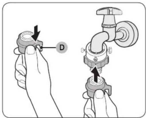 Diagram showing two hands adjusting a valve with labeled component D, illustrating the process of adjustment or repair.
