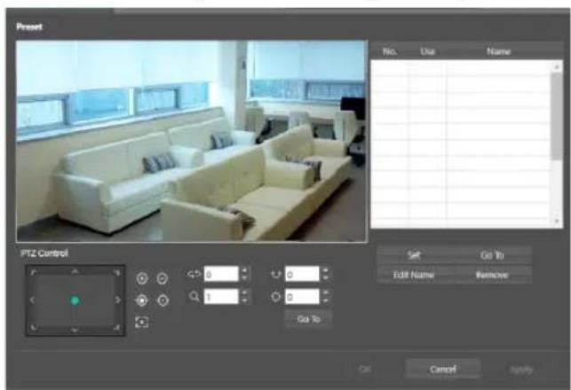 Preset No. Use Name IPTZ Control Set Go To EUIF Name Remove Go To Cut Cancel Apply