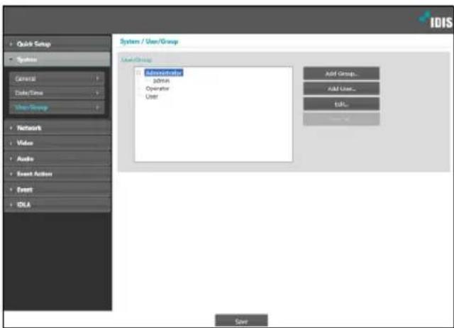 System / User/Group User/Group Subsystem account admin Operator User Add Group... Add User... Edit... Save