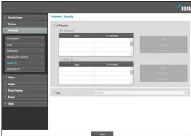 IDIS Quick Setup System Networks IP Accounts FEN PortCard Basisoff-Control Security IDIS 832.13 Value Audio Event Action Event IDLA Network / Security IP Filtering Active LTR Type IP Address Type IP Address Only LTR Only LTR Default