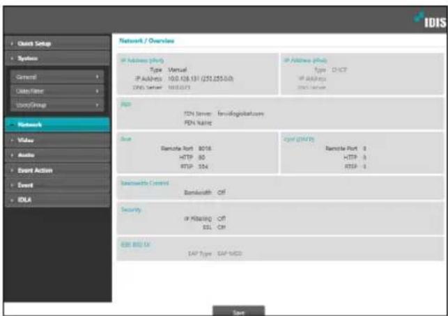IDIS • Client Setup • Systems General Data Name Event/Group Network • Video • Audio • Event Action • Event • IDLA Network / Overview IP Address (IP) Type: Virtual IP Address: 100.126.131 (251.255.03) DNS Server: 1015.073 IP Address (IP) Type: DHCP IP Address: 100.126.131 (251.255.03) DNS Server: 1015.073 App TCP Server: Web/Logistics PDA Name: Edge (GNTS) Remote Port: 8018 HTTP: 80 RTSP: 554 Remote Port: 8 HTTP: 8 RTSP: 554 Bluetooth Control Bandwidth: Off Security: IP Filtering: Off SSL: Off EBS BBU LX EAP Type: EAP-MEDD Start