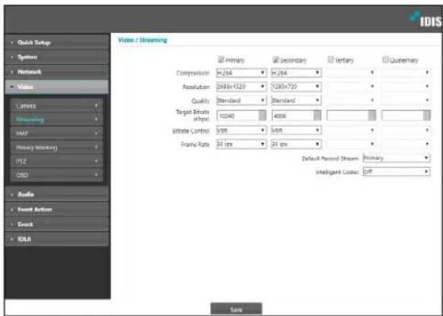 Quick Setup System Network Video Latency Streaming SAP Heavy Blocking MHz CDD Audio Event Action Event IDLA Video / Streaming Primary secondary tertiary quaternary Compression H:204 H:204 Resolution 2680x1520 Y:280x720 Quality Standard Standard Target Effects (FPS) 10240 4000 Bitrate Control 5bit 5bit Frame Rate 30 fps 20 fps Default Record Steam Primary Intelligent Locus Off Save