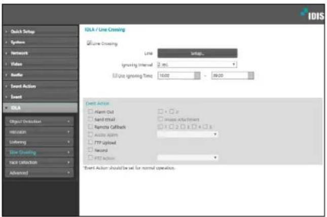 IDIS Quick Setup Systems Network Video Buffer Event Action Event IDLA / Line Crossing Line Crossing Line Settings... Ignoring Interval: 2.95 Use ignoring Time: 16:00 - 39:00 Credit Action Alarm Out Send email Remote Callback Audio Alert FTP Upload Record FTP Action Event Action should be set for normal operation.