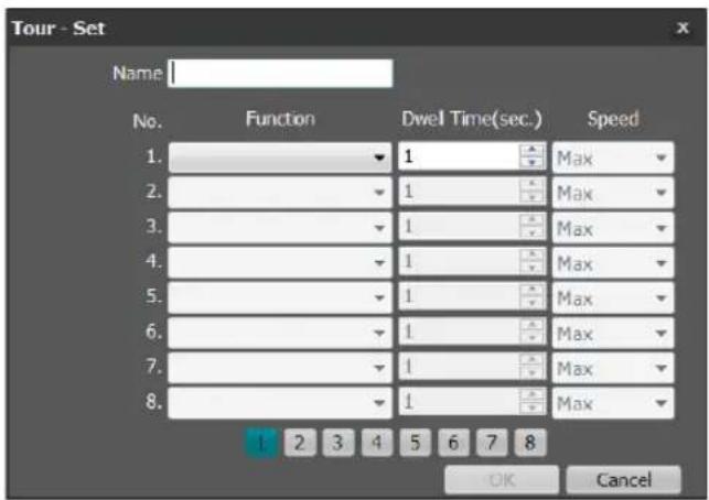 Tour - Set Name: No. Function Dwell Time(sec.) Speed 1. 1 Max 2. 1 Max 3. 1 Max 4. 1 Max 5. 1 Max 6. 1 Max 7. 1 Max 8. 1 Max 1 2 3 4 5 6 7 8 OK Cancel