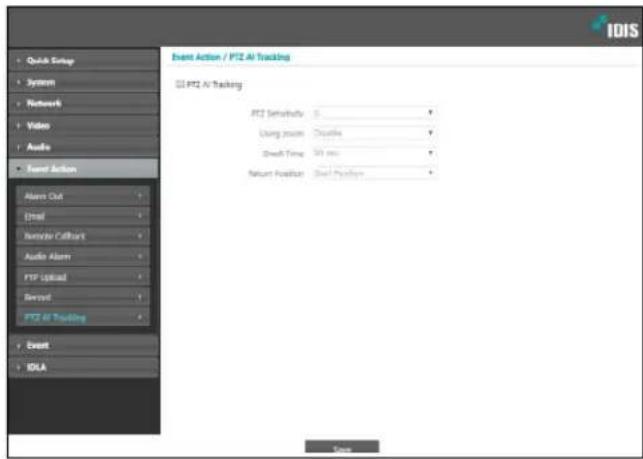 IDIS Event Action / PIZ Air Tracking PIZ Air Tracking PIZ Satinobuty: 0 Using joon: Disksite Direct Time: 30 sec Return Position: Direct Position Alert Out Email Reminder Callboard Audio Alert FTP Upload Record PIZ Air Tracking Event IDLA Video