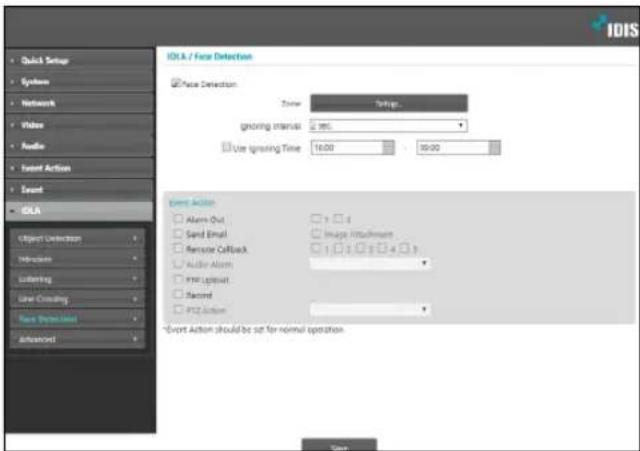 IDLA / Face Detection Face Detection Zone Spacing... graoring interval: 365 Use grouting Time: 16:00 - 99:00 Event Action Alarm-Out Sand Email Remote CaRack Audio Alert PTD Upshoot Record PTD Action Event Action should be set for normal operation.