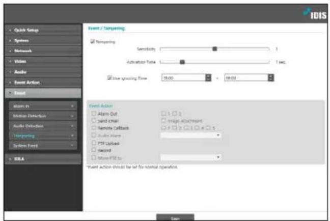 IDIS Quick Setup Systems Network Video Audio Event Action Sound Alarm in Motion Detection Audio Diffusion Interlocking System Event ISA Event / Comparing Transient Sensitivity 1 Activation Time 1 sec. User growing Time 18:00 19:00 Event Action Alarm Out Send Email Remote Callback Audio Alert FTP Upload Record More FTS to Event Action should be set for external operations. Start