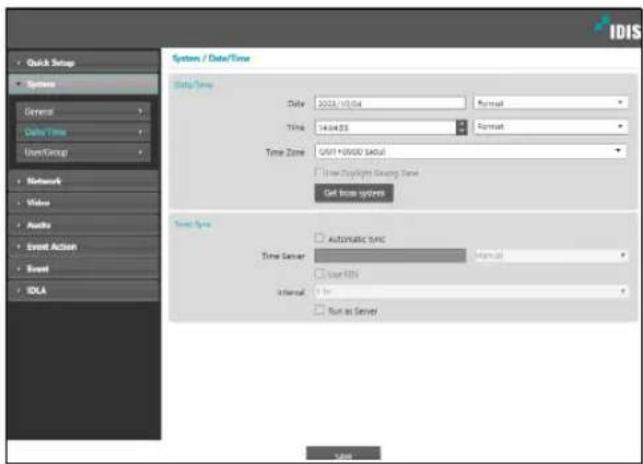 IDIS Quick Setup Systems General Data Time User/Group Network Video Audio Event Action Brand IDLA System / Data/Time Data/Time Date: 2023/11/24 Time: 14:04:03 Time Zone: USB1-50000 SAGUI New Copyright Saving Panel Get into systems Test Type Automatic sync Time Server: User FDS Internal: Run as Server View