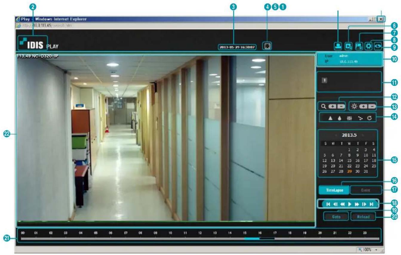 Play - Windows Internet Explorer http://10.0113.49/search.html IDIS PLAY 2013-05-29 16:38:07 113.49 NC-D320-IP User admin IP: 10.0.113.49 2013.5 S M T W T F S 1 2 3 4 5 6 7 8 9 10 11 12 13 14 15 16 17 18 19 20 21 22 23 24 25 26 27 28 29 30 31 TimeLapse Event Goto Reload 100%