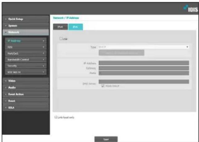 IDIS Quick Setup System Network Address HNI Port/Out Bandwidth Control Tsecurity KDE MCI-19 Video Audio Reset Action Event IDLA Network / IP Address IPv4 IPv5 Date Type: 04-437 IP Address: Gateway: Ports: DNS Server: Host DHCP Link local only User