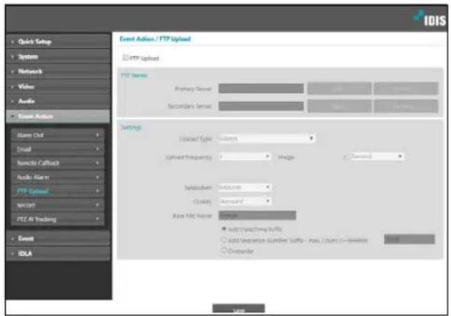 IDIS Quick Setup System Networks Video Audio Event Action Store Out Email Sender Callback Audio Alert FTP Upload Send FTP AI Trading Event IDLA Event Action / FTP Upload FTP Upload FTP Status Primary Server Secondary Server Settings Linked Type: https Linked Frequency: 0 Image Second Information: Direction Quality: Standard Base Key Source: Range Auto matching tools Add Sequence Number Suffer - Max. (Max) - Selection Disperse