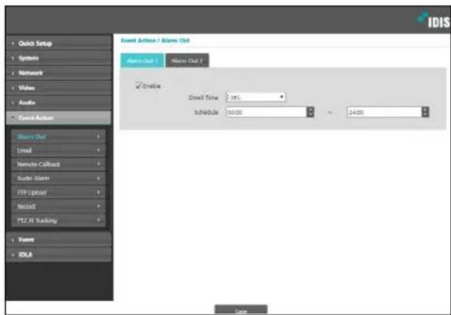 IDIS Quick Setup Systems Network Video Audio Event Actions Alarm Out Email Remote Callback Radio Alerts FTP Upload Record PTZ AI Tracking Event IDLA Event Actions / Alarm Out Alarm Out 1 None Out 2 Enable Dwell Time: 3 sec. Schedule: 50.00 24.00 Cancel