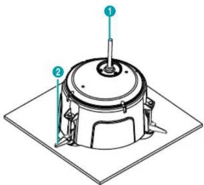 Technical diagram of a mechanical device with labeled parts 1 and 2, showing components like a central hub and mounting brackets.