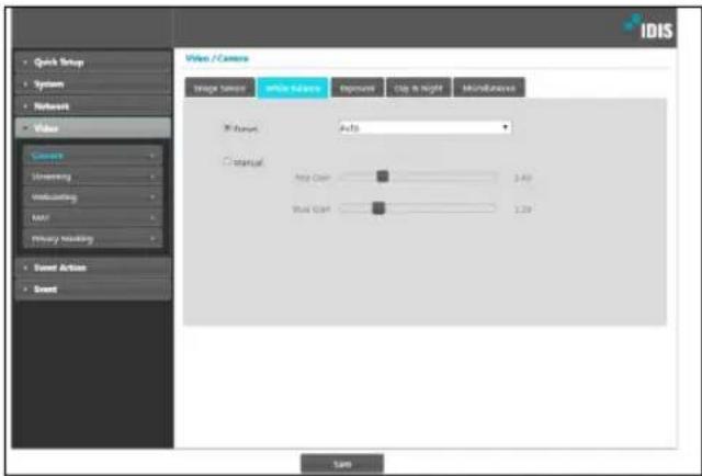 IDIS Quick Setup System Network Video Current Unscreening WebSwetting RAT Primary building Smart Action Smart Video / Camera Image Source: White Radios: Exposure: Up to Height: Miscellaneous X Format: Auto O manual: Blue Color: 1.40 Blue Color: 1.29 Save