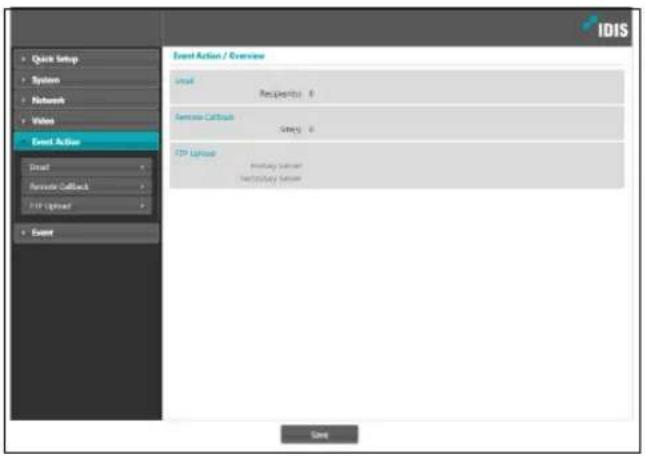 IDIS Event Action / Overview Email Recipients: 0 Receive Callout Send: 0 FTP Upload Sendkey button Sendkey button Event Quick Setup System Network Video Event Action Send Remote Callback FTP Upload Event Save