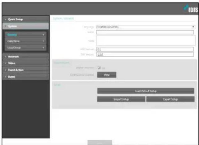 IDIS Quick Setup System System1 Query QueryTime User/Group Network Video Event Action Event System / Service Language: Destination (Mbit/Bit) Location: Name: MCC Function: 0.0 MW Request: 1.0.0 Import Setup: DATA Platform: Import Setup Status: View Load Default Setup Import Setup Export Setup