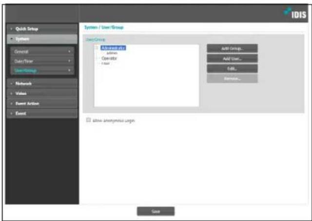 IDIS System / User/Group UserGroup Active/Active ActiveUser... ActiveUser... Active Remove... Active Anonymus Large Quick Group Systems General Data/Time UserGroup Network Value Parent Action Event Add Group... Add User... Add... Remove... Save