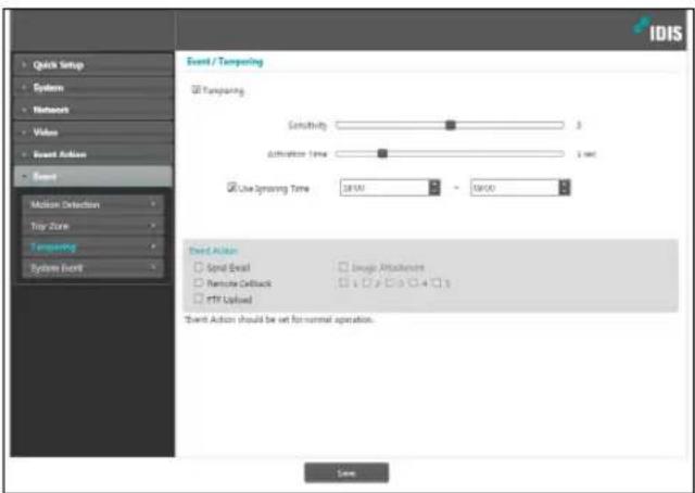 IDIS Quick Setup System Network Video Event Action Event Motion Detection Toy Zone Temping System Event Event / Tempacing □ Tempacing Sensitivity 3 Duration Time 2 sec □ Use Approxing Time 00:00 - 08:00 Event Action □ Spinal Event □ Image Attachments □ Remote Callback □ 1 □ 2 □ 3 □ 4 □ 5 □ FTP Uploaded Event Action should be set for normal operation. Save