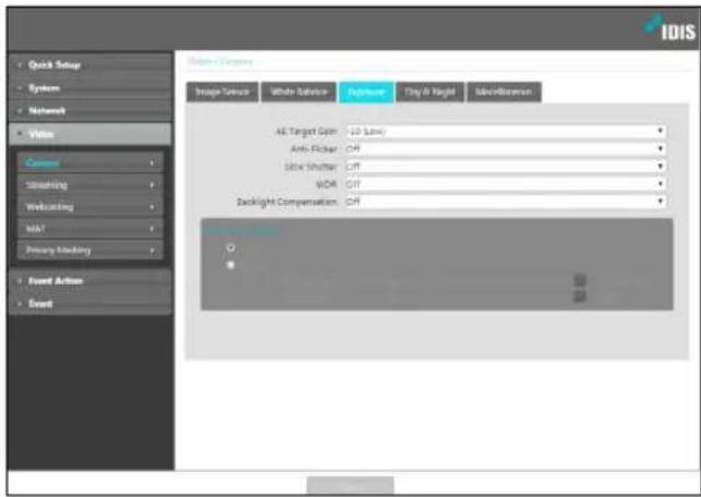 IDIS Quick Setup System Network Video Shooting Webscaping MAT Primary Tracking Event Action Event Action Currency Image Tangle White Culture Agreement Clay & Height Macro-Linearism All Target Gain: 1.0 (Low) Anti-Flicker: Off Latency Shutter: Off VOLT: Off Backlight Compensation: Off