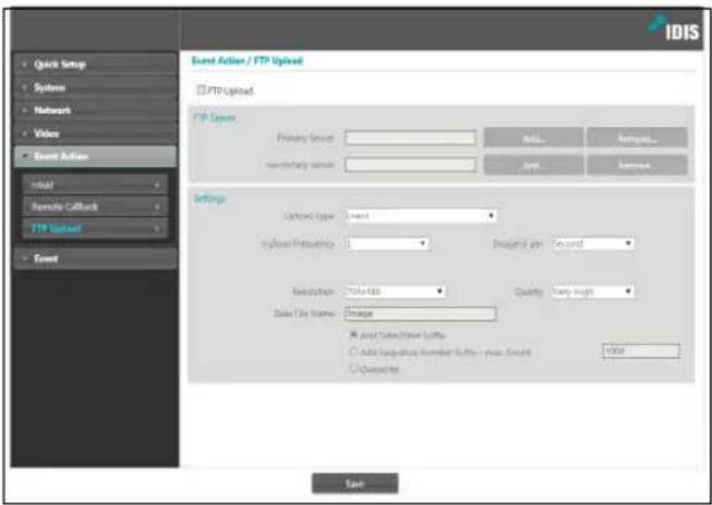 IDIS Event Action / FTP Upload FTP Upload FTP Cover Primary Source: secondary source: Options... Settings Options Type: Open Options Probability: 0 Resolution: 700 bits Data File Name: Image Only Data/Show Button Only Sequence Number Button - new Event Outwards: Quality: Very long Save