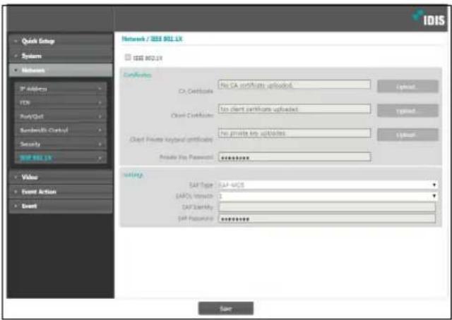 IDIS Quick Setup System Network IP Address FOX Play/Out Bandwidth Control Security IBM SQL LX Video Event Action Event Network / IBM SQL LX IBM SQL LX Certificates CA Certificate: No CA certificate uploaded. Client Certificate: No client certificate uploaded. Client Private Keycard certificate: No private key updates. Private No Password: ********** Settings SAP Type: SAP-ACCS SAPOS Version: 1 SAP Identity: SAP Password: ********** Save