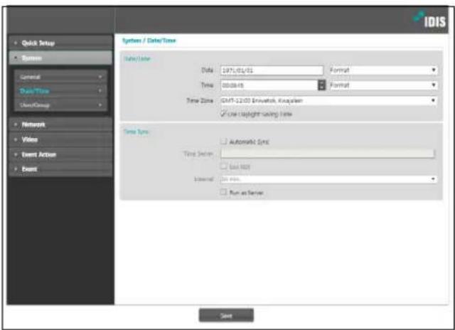 IDIS System / Date/Time Date/Time Data: 1971.01.05 Time: 00:00:45 Time Zone: GMT-12:03 Universal, Kinaplan ✓ One daylight saving Time Time Type: □ Automatic Sync Time Section: □ Use MSY Internal: 20 sec. □ Run as Server Save