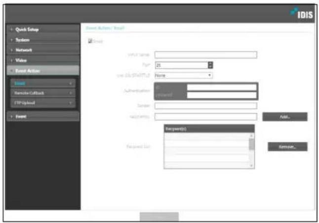 Quick Setup System Network Video Event Action Event Remote Callback FTP Upload Event Event Action / Install Status Name: Page: 25 New Event URL: Name: Authentication: Password: Session: Accepts: Recipient(s): Request List: Add... Remove...
