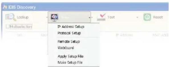 IDIS Discovery Lockup Multiseclecturi IP Address Setup Protocol Setup Remote Setup WebGuard Apply Setup File Make Setup File