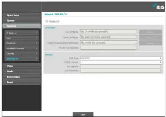 IDIS Network / IISI 002.1X IEIS 002.1X Certificates CA Certificate: No CA certificate uploaded... Client Certificate: No client certificate uploaded... Client Private Key Account certificate: No private key uploaded... Private Key Assigned: Settings DAIP Type: DAIP-ACOS DAIP's version: 0 DAIP identity: DAIP Password: Save