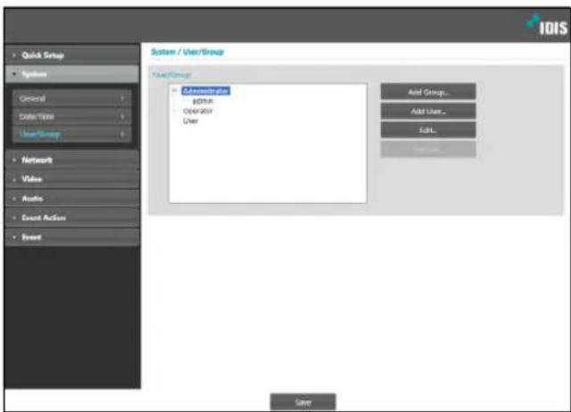 Quick Setup Spikes General Data Title User/Group Network Video Audio Event Action Event System / User/Group Value/Group Add Groups... Add User... AddL... Save
