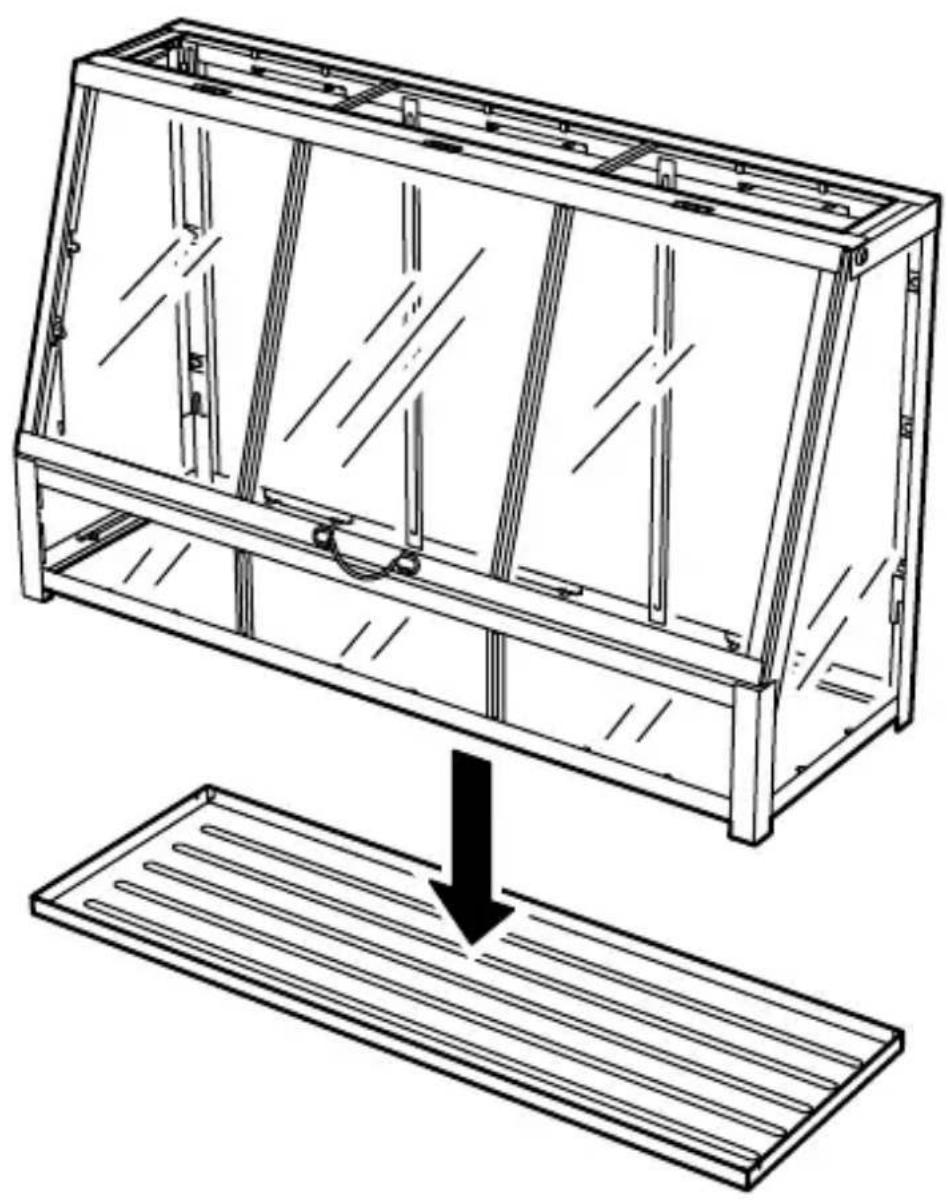 Technical line drawing of a rectangular metal enclosure with internal partitions and a downward arrow indicating a drop or removal (no text or symbols present)