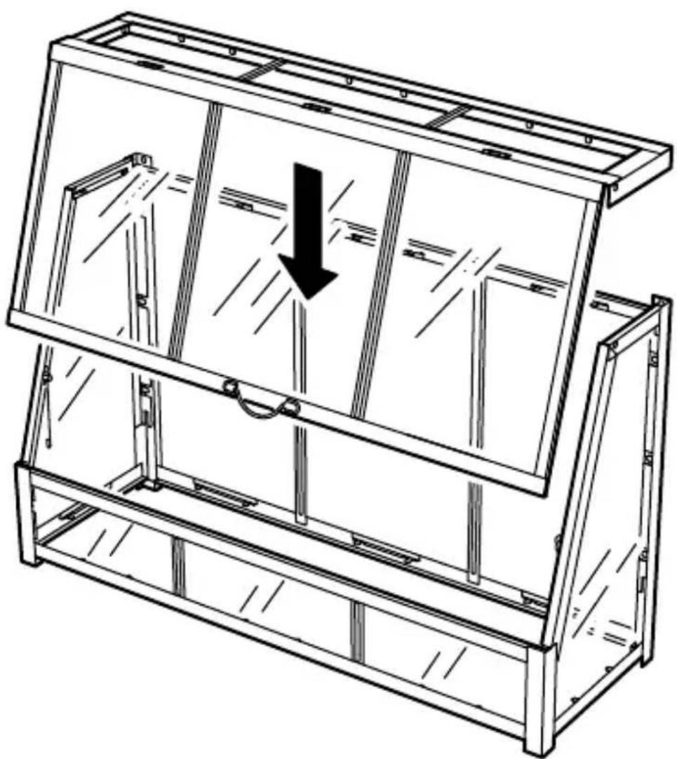 Technical line drawing of a multi-level mechanical assembly with internal components and a downward arrow indicating motion (no text or symbols)
