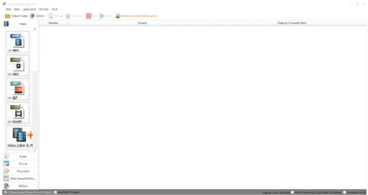 TASC SKIN LANGUAGE OPTION HELP Output Forder Option Remove Create New Start New download office version Video Source Output / Convert State Audio Picture Document ROM Device/DVDAC... Utilities C:\Users\Video\Videos\Femeral Factory Solar Media Times launched Time: 00:00:00 After Converting/Shot Down Computer Semicals Now