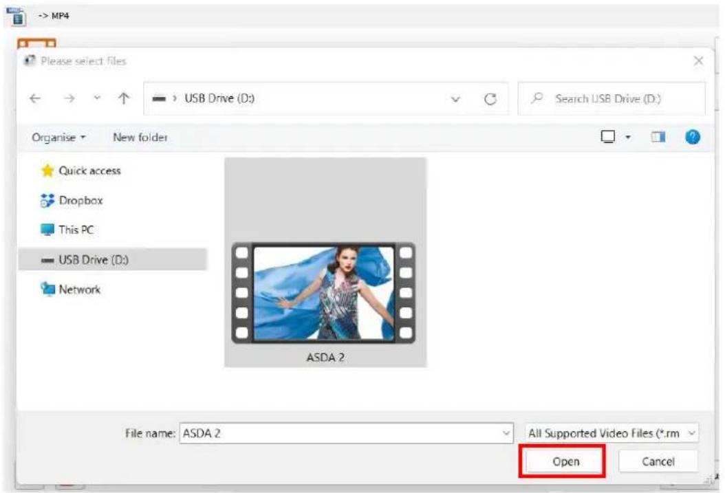-> MP4 Please select files USB Drive (D:) Search USB Drive (D:) Organise ▼ New folder Quick access Dropbox This PC USB Drive (D:) Network ASDA 2 File name: ASDA 2 All Supported Video Files (*.rm Open Cancel