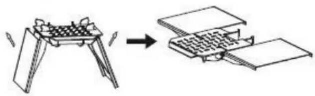 Diagram showing a folding table with a grid pattern being placed into a folded notebook (no text or symbols present)