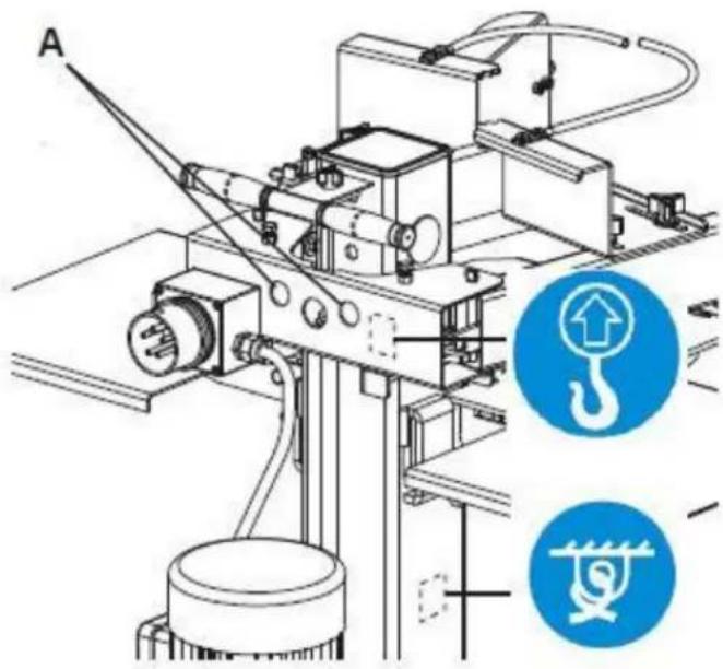 Technical line drawing of a mechanical device with labeled components and two blue circular icons (no readable text or symbols)
