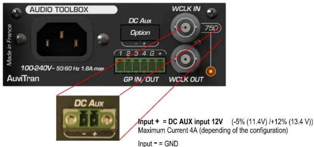 AUDIO TOOLBOX Made in France 100-240V~ 50/60 Hz 1.8A max AuviTran DC Aux Option WCLK IN 75Ω GP IN/ OUT WCLK OUT DC Aux Input + = DC AUX input 12V (-5% (11.4V) /+12% (13.4 V)) Maximum Current 4A (depending of the configuration) Input - = GND