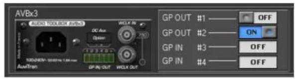 AVBx3 AUDIO TOOLBOX (output) DC Ax Option 12.5 4.0 12.5 4.0 12.5 4.0 AutiTrans GP IN OUT WOLX OUT GP OUT #1 GP OUT #2 ON GP IN #3 OFF GP IN #4 OFF