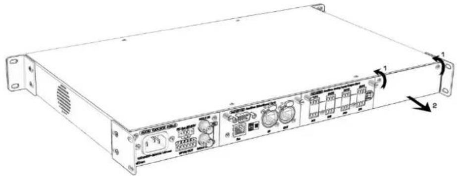Technical diagram of a rack-mounted server with labeled ports and connectors, showing internal components and directional arrows.