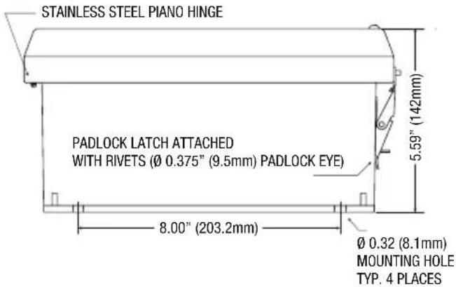 STAINLESS STEEL PIANO HINGE PADLOCK LATCH ATTACHED WITH RIVETS (∅ 0.375" (9.5mm) PADLOCK EYE) 8.00" (203.2mm) Ø 0.32 (8.1mm) MOUNTING HOLE TYP. 4 PLACES 5.59" (142mm)